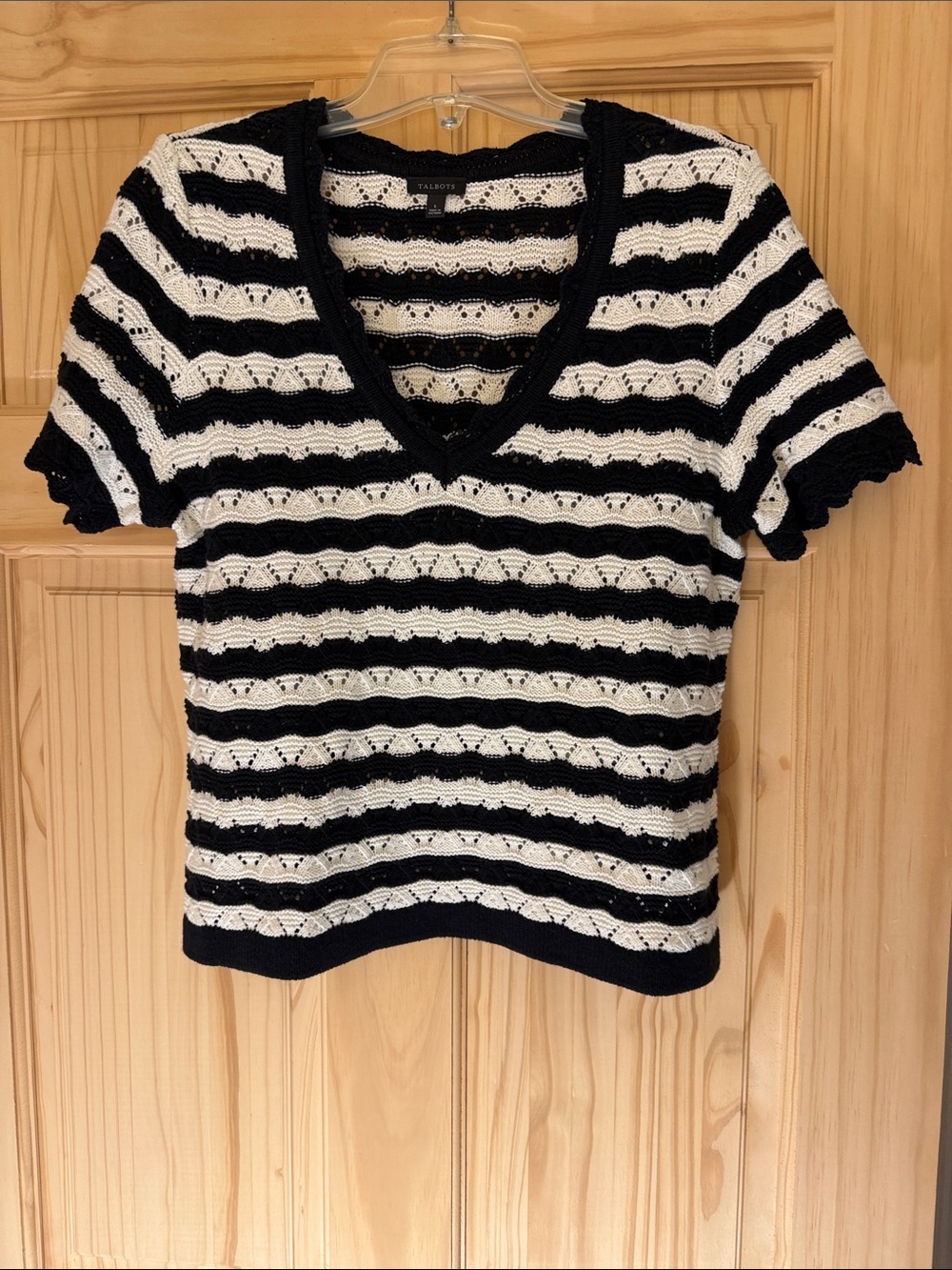 Talbots Black and Cream Striped V-Neck Crochet Sweater Top